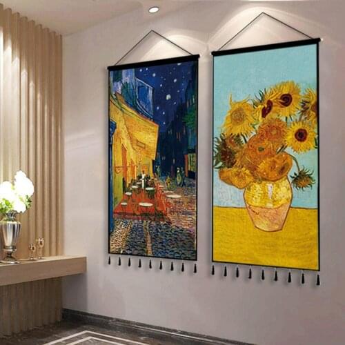 Van Gogh Starry Sky Oil Painting Tapestry Entrance Study Sunflower Hanging Cloth Sofa Large Background Wall Decoration Painting