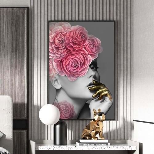 Modern Flower On The Head With Gold Women Oil Painting On Canvas Print Nordic Poster Wall Art Picture For Living Room Home Decor