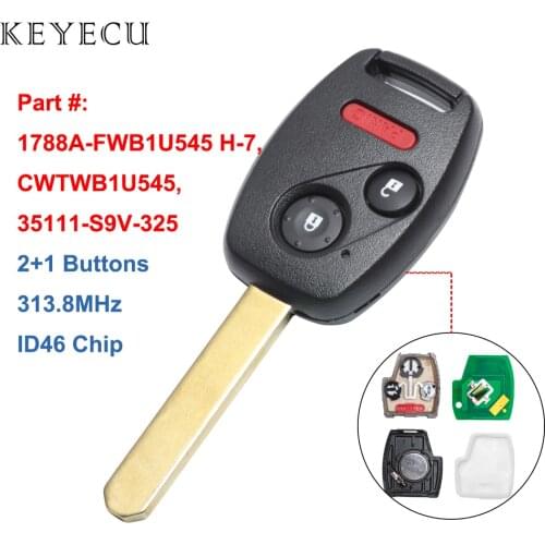 Keyecu Car Remote Key Fob 2+1 Buttons 313.8MHz ID46 for Honda Pilot 2005 2006 2007 2008, FCC: CWTWB1U545