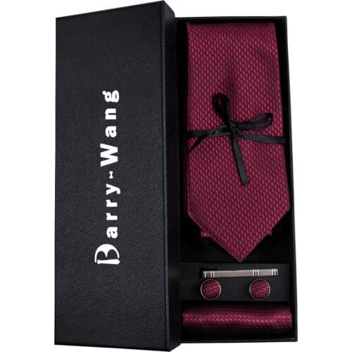 TS-1464 Barry.Wang 2018 Mens Ties Necktie Hanky Cufflinks Set With Gift Red Solid Ties For Men Wedding Business Party