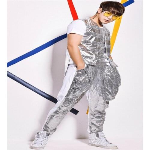 R72 Silver sequin male stage suit ballroom dance costumes singer performance show dress wears clothes bar bodysuit vest pants