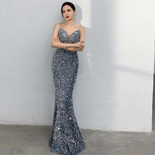 Sexy Sequined Maxi Dress Floor Length Dress Sleeveless Strapless Deep V Neck Mermaid Party Dress Champagne Gold Silver