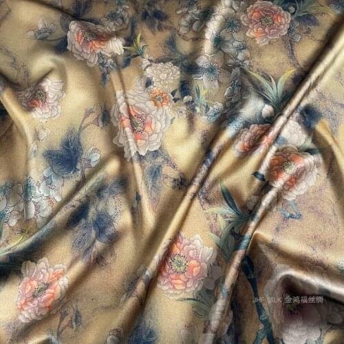 1 Meter Heavy Satin Silk Fabric Dress Cheongsam Stretch Antique Peach Branch Pink Flower Stamen
