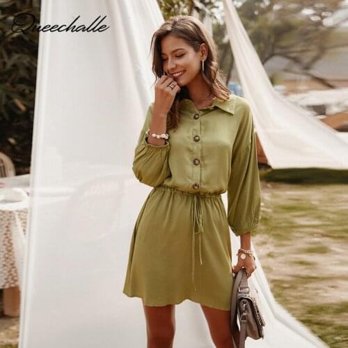 S - XL Army green Shirt Dress Summer 2021 Women Buttons Drawstring Waist Loose Dress 3/4 Sleeve Casual Blouse Dress Midi Vestido