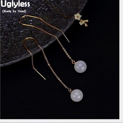 Uglyless 100% Real 925 Sterling Silver Handmade Long Earrings for Women Natural Jade Ball Earrings Gold Plated Fine Jewelry Gems