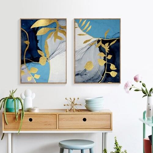 Blue White Marbling Wall Art Golden Plant Leaf Poster and Print Nordic Canvas Painting Modern Picture Living Room Interior Decor