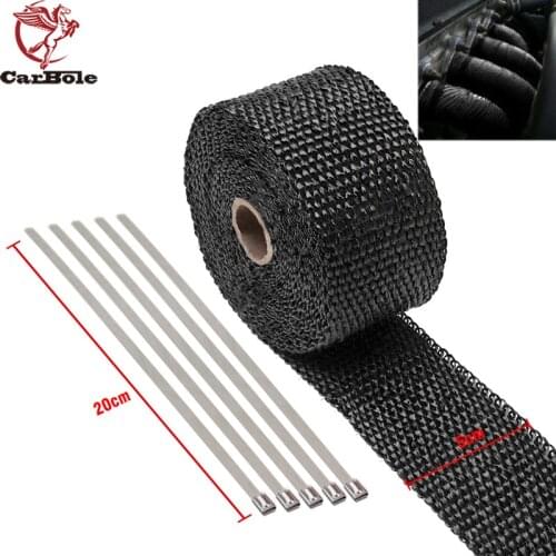 CARBOLE Exhaust Manifold Downpipe 50mm*5M Black Heat Wrap Tape 2" x 5m & 5 Ties rap De Cat Pipe Tape For Car & Motorcycle