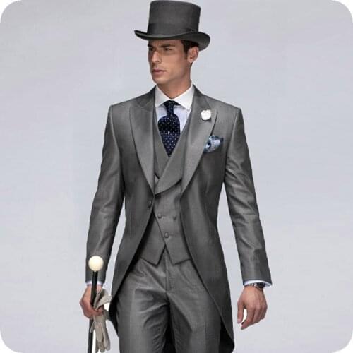 Vintage Grey Tailcoat Wedding Men Suits Groom Tuxedos 3Piece Long Jacket Blazer Mens Classic Suit Costume Morning Dinner Ternos