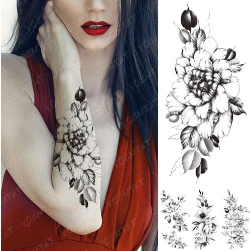 Waterproof Temporary Tattoo Stickers Peony Flower Black Flash Tattoos Female Minimalist Black Sexy Body Art Arm Fake Tatto Women