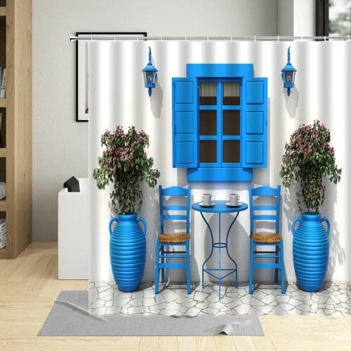 Traditional Greece Greek Design City Street Shower Curtain Flowers Window Bathroom Decor Waterproof Bath Curtains with Hooks