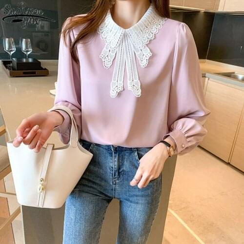 Spring and Autumn 2021 New Elegant Womens Shirt Lace Collar Long Sleeve Chiffon Blouse Office Lady Style Blusas Mujer 13110