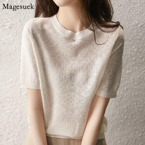 Summer Short Sleeve Shirt Women Clothing Perspective Ice Silk Knitted Blouse Tops White Jacquard O Neck Lady Shirts Blusas 14798