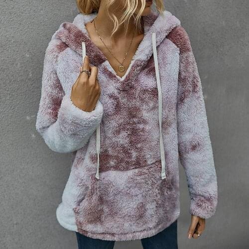 Womens Tie Dye Fleece Flannel Pullover Female Sweatshirt Women Winter Coat Pink Sweet Hooded Harajuku Loose Pocket Hoodies