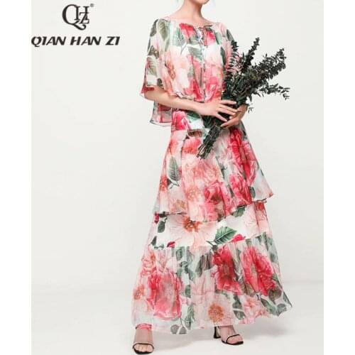 Qian Han Zi fashion summer 2-piece set Womens Cape Sleeve Chiffon Top+elegant floral print Cascading Ruffle long skirt Suit