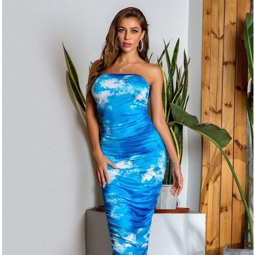 Tie-dye Women Strapless Dress Slim Pleated Shirring Long Dress Sexy Slash Neck Elegant Milk Silk Dress Female 2021 Spring Summer