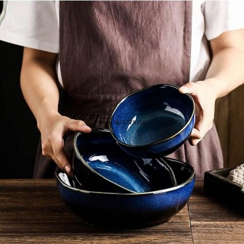 1Pcs Ceramic Salad Bowl Japanese Ceramic Bowl Underglaze Color Soup Noodle Bowl Fruit Dessert Bowl Kiln Big Bowl