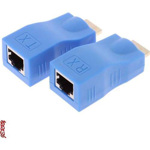 2pcs ABS Metal 1080P HDMI Extender to RJ45 Over Cat 5e/6 Network LAN Ethernet Adapter with Blue Color 30m Transmission Distance