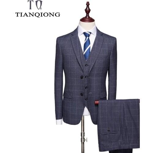 2019 Elegant Plaid Suit Men Brand Classic 3 Piece Mens Wedding Suits Navy Blue Grey Mens Formal Suits Latest Coat Pant Designs
