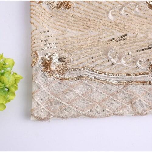 2020 Gold Sequin embroidered stripe four side elastic polyester ammonia mesh tulle lace fabric for dress DIY Cloth Fabric 1Meter