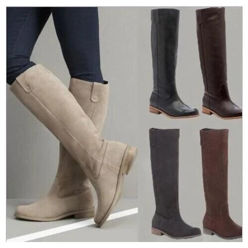 Winter autumn fashion High Flat Boots Women PU Leather Suede Matte Boots Slip On Zapatos De Mujer Solid Riding Winter Shoes
