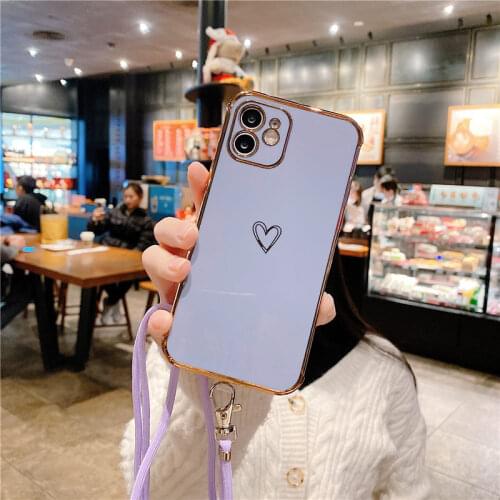 Electroplated Love Heart Phone Case For iPhone 11 12 Pro Max XR XS Max X 7 8 Plus 12 Mini 11 Crossbody Lanyard Bumper Back Cover