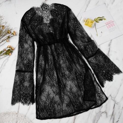 Black Lace Mesh Nightdress Women Long Sleeve Transparent Plus Size Sexy Lingerie Robe Erotic Underwear Babydoll Porno Sleepwear