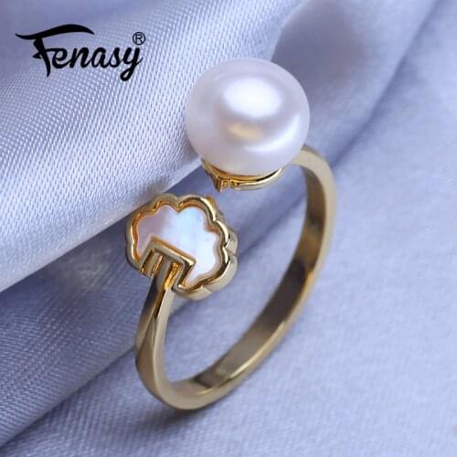 FENASY Natural Freshwater Pearl Rings For Women Bohemian Adjustable Gold Color Lock Ring Female Party Wedding Jewelry