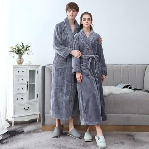 Flannel Thermal Robes Winter Thick Plus Velvet Warm Pajamas Couple Nightgown Bathrobe Lengthened Large Size Solid Color Homewear