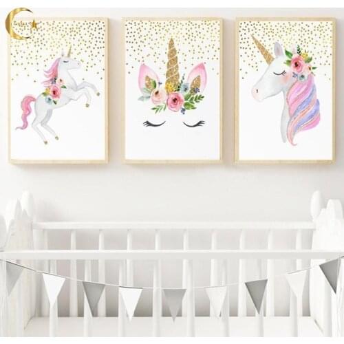 Nordic Cartoon Unicorn Canvas Paintings Nursery Flowers Heart Poster and Print Wall Art Pictures Kids Bedroom Home Decor