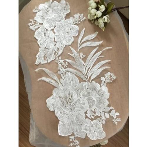 2 Pcs Floral Embroidery Lace Applique in Off White for Jewelry Design, Bridal Gown, Veils, Shrugs Wedding Dress, Bodice