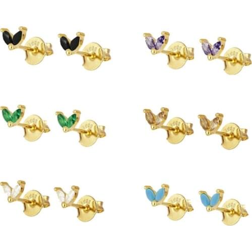 Leaf Shape 100% 925 Sterling Silver Zircon CZ Small Stud Earrings For Women Girls Gold Color Piercing Earings Jewelry pendientes