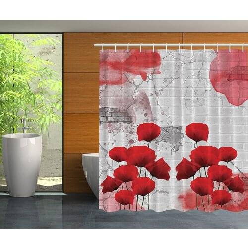 Poppies and Bricks Abstract Art Modern Decor Bathroom Poppy Flower Gray Decorations Graffiti Wall Shower Curtain Bath Curtains