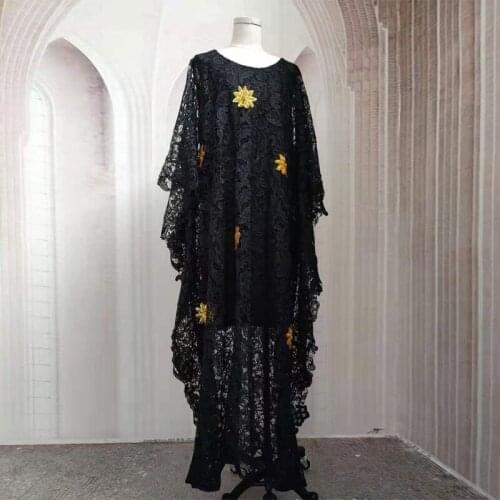 2021 Middle Eastern Islamic Plus Size Womens Water-soluble Sequined Robe Round Neck Two-piece Black Dress Muslim Ladies Robe