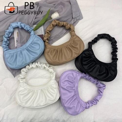 Fashion Women PU Leather Pleated Shoulder Underarm Bag Casual All-match Solid Color Zipper Small Handbags Portable Travel Purse