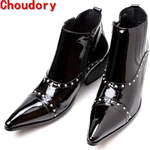 Mens shoes High Heels Patent Leather Western Cowboy Boots Studded Black Military Boots Dress Shoes Man factory sell