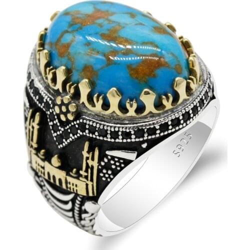 Real 925 Sterling Silver Men Rings Natural Turquoise Stone Blue Vintage Wedding Party Ring Castle Moon Shape Turkish Jewelry
