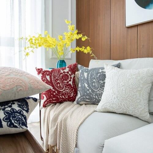 Vintage Grey Navy Red Air Embroidery Cushion Cover Home Decoration Linen Cotton 3D Flowers Pillow Cover 45x45cm SofaPillow