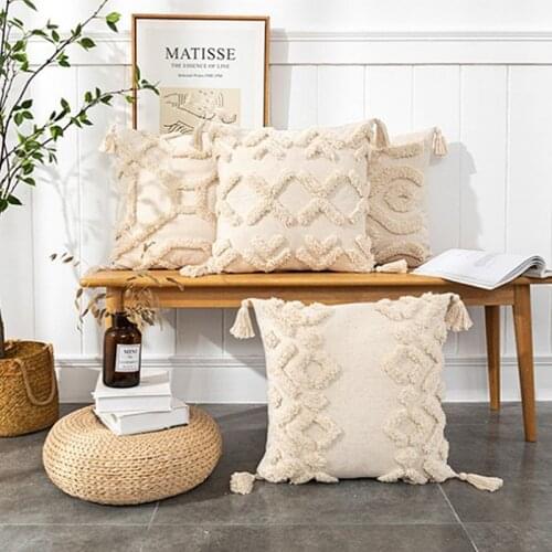 Tassels Cushion Cover Beige Geometric Embroidery Pillow Cover Home Decoration Bohomia PillowCase Pillow Sham 45x45cm