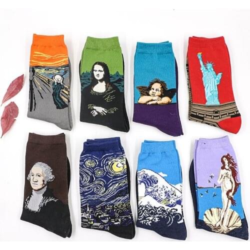 Combed Cotton Colorful Van Gogh Retro Oil Painting Men Socks cool casual Dress Funny party dress crew Socks 1pcs ms01