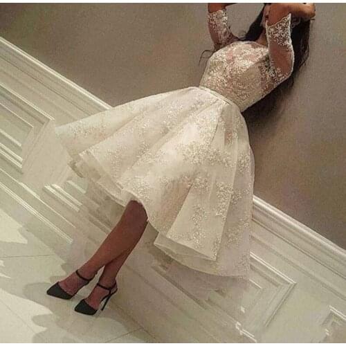 New Arabic Knee Length Cocktail Dresses 2020 Jewel Half Sleeve Ball Gown Short Modest Full Lace Prom Party Evening Gowns Cheap