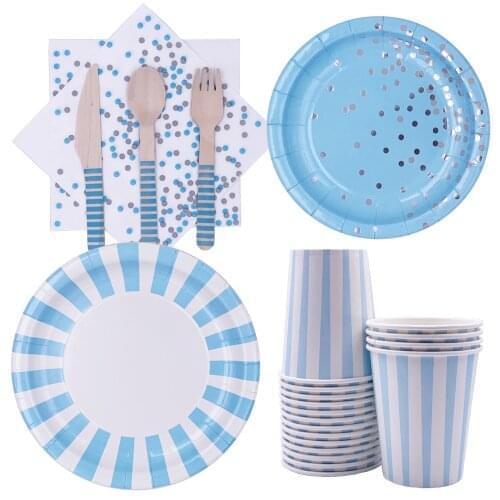 High-quality Spotted Striped Disposable Tableware Blue Plates Cup Happy Birthday Party Decor Kids Boy 1st Baby Shower Boy