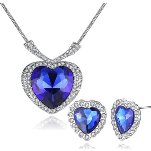 Big heart shape setting crystal necklace earrings sets silver color copper material party Jewelry sets for women
