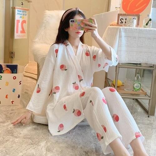 2021 Autumn Winter 100% Cotton Long Sleeve Kimono Pajama Sets for Women Sleepwear Suit Pyjama Homewear Pijama Mujer Home Clothes