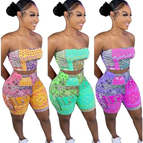 Casual Print Tie Dye Colorful Strapless Tank Top And Short Trackusit Sportsuit Summer Clothes For Women Outfit