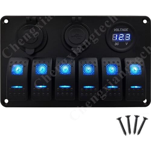 Pre-Wired Aluminum 6 Gang Blue Led Rocker Switch Panel Dual 3.1A USB Voltmeter 12V 24V Power Cigarette Lighter Sockets Car Boat