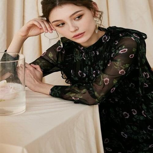 Real 2020 Summer Dress Silk Spring Dress Elegant Vintage Floral Black Party Dress Stain Ladies Clothes Formal Korean Dresses 804