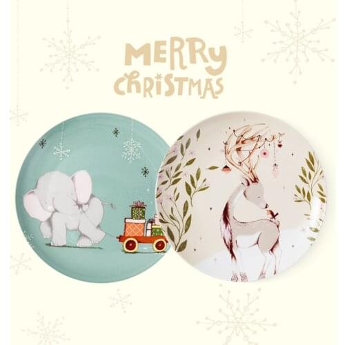 Merry christmas gift box 8 inch ceramic plates high quality bone China in glazed decoration round dishes and plates 2 plate set