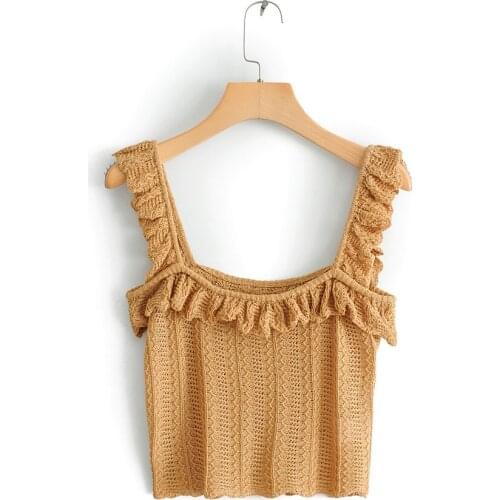 Spring and summer slim short jacquard ruffled knit suspender shirt French age-reducing navel high-waist bottoming vest
