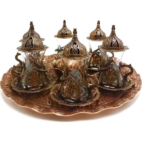 Turkish Ottoman Tea Glass Set Tulip Patterned Copper Tray and Tea Glasses and Turkish Delight Bowl Traditional Copper Engraved