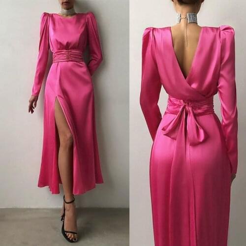 Celmia Women Satin Maxi Dress 2021 Elegant OL Sexy Robe Autumn Long Puff Sleeve Backless Sundress Slit Belted Party Vestidos
